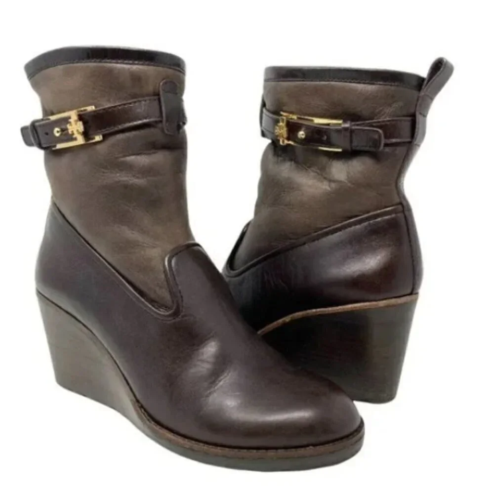 Tory Burch Primrose Lamb Leather Shearling Wedge Ankle Boots - Size 6.5